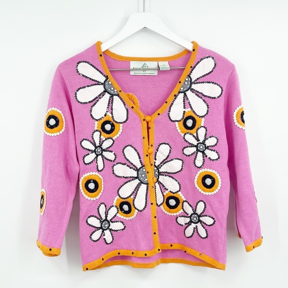 Vintage Design Options By Philip & Jane Gordon Pink Flower Power Cardigan - Picture 5 of 6